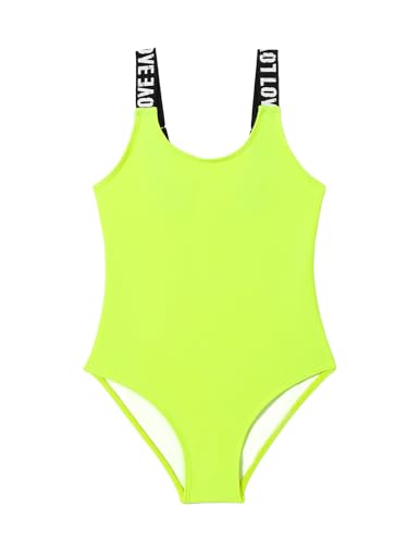 SERENYOU Mädchen Einteiliger Badeanzug Sommer Bademode Verstellbare Schultergurte Schwimmanzug Neon Gelb 152-158, Größe 11-12 von SERENYOU