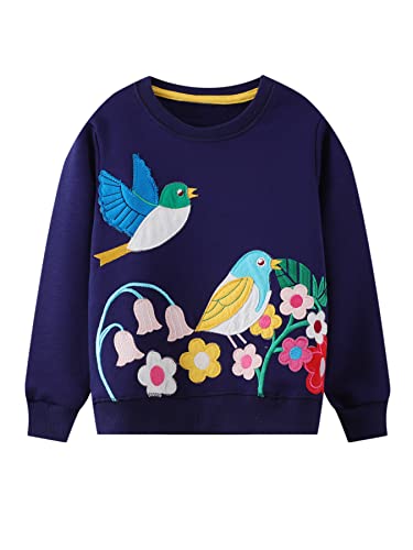 SERENYOU Mädchen Sweatshirt Kinder Baumwolle Pullover Cartoon Langarm Top Rundhalsausschnitt Jumper 122 Vogel von SERENYOU