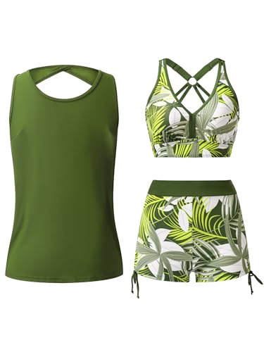 SERENYOU Tankini Damen Dreiteilig Bademode Set Sportlich Badeanzüge Oberteil mit Badeshorts Grün M von SERENYOU