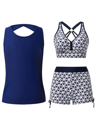 SERENYOU Tankini Damen Dreiteilig Bademode Set Sportlich Badeanzüge Oberteil mit Badeshorts Marine S von SERENYOU