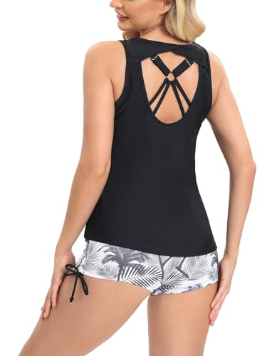 SERENYOU Tankini Damen Dreiteilig Bademode Set Sportlich Badeanzüge Oberteil mit Badeshorts Schwarz XL von SERENYOU