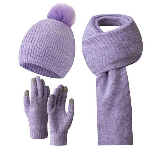 SERENYOU Wintermütze Schal Handschuhe Set Frauen gestrickte Mütze mit Pom Pom Touchscreen Handschuhe Schal 3 in 1 Warmes Set Violett von SERENYOU