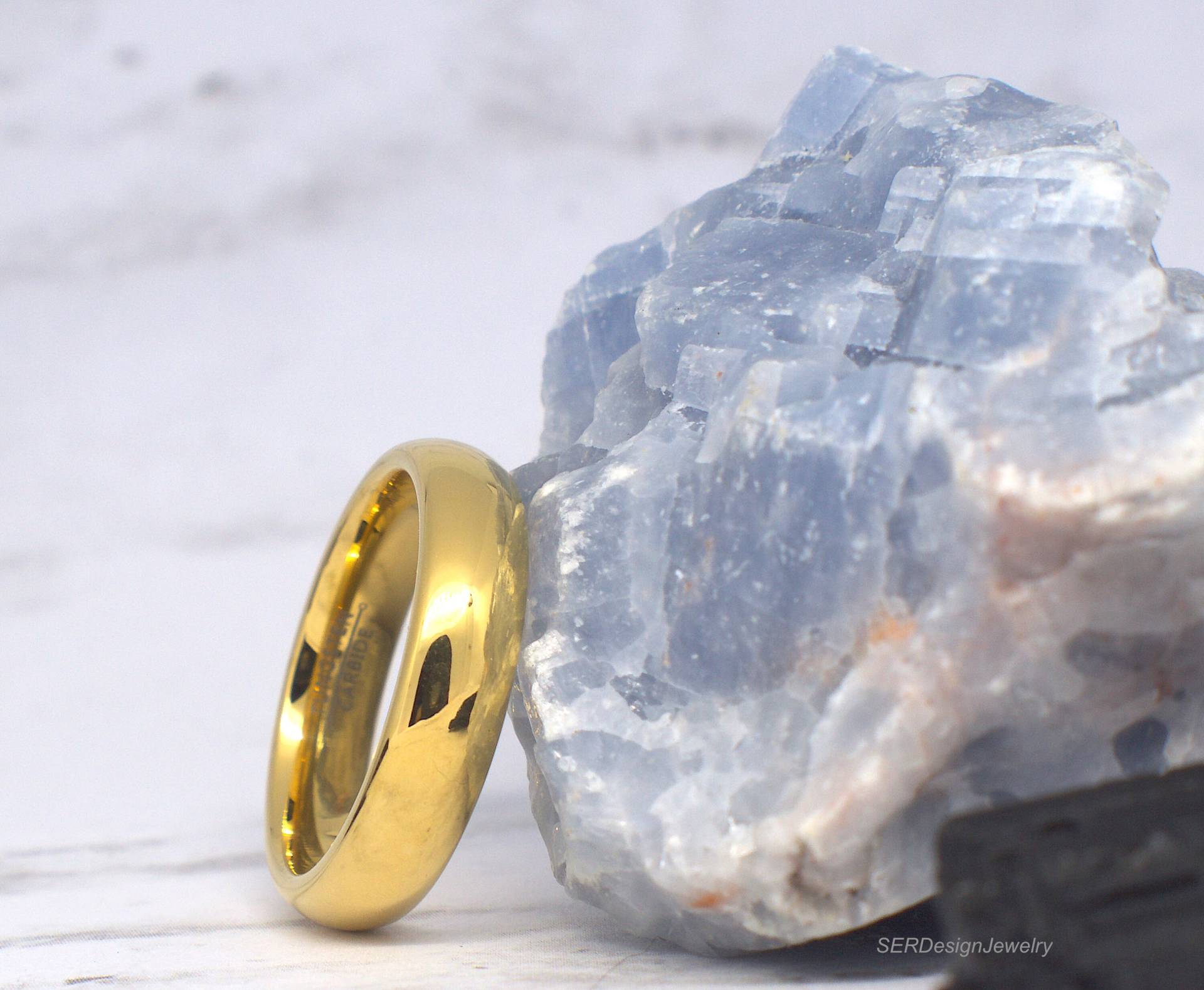 6mm Poliert Gold Wolframring Wolfram Ehering Jubiläumsring Wolframband Goldring Goldband von SERJewelryDesign