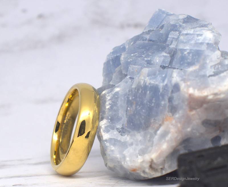 6mm Poliert Gold Wolframring Wolfram Ehering Jubiläumsring Wolframband Goldring Goldband von SERJewelryDesign