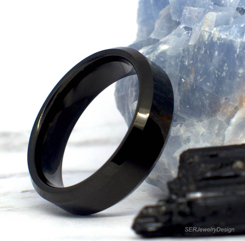 6mm Schwarz Poliert Wolfram Abgeschrägte Kante Ehering Jahrestag Ring Ringa von SERJewelryDesign