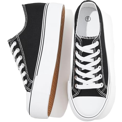 SERNIAL Weiße Plateau-Sneaker für Damen, niedrige Oberseite, Plateauschuhe, schwarze Leinenschuhe für Damen, Schwarz, 38.5 EU von SERNIAL