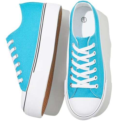 SERNIAL Weiße Plateau-Sneaker für Damen, niedrige Oberseite, Plateauschuhe, schwarze Leinenschuhe für Damen, Seeblau, 39.5 EU von SERNIAL