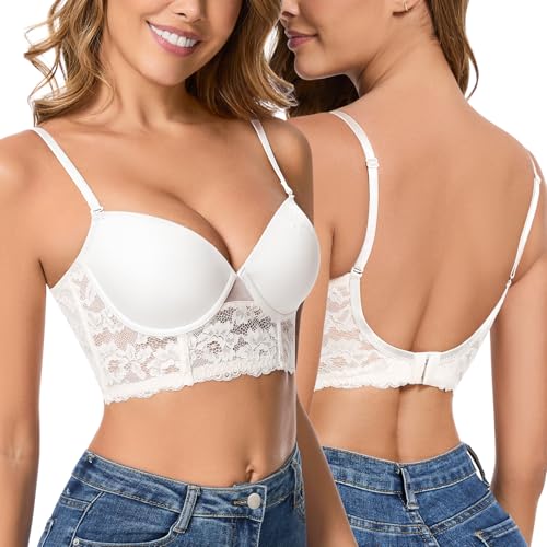 SERSARY BH Rückenfrei mit Bügel Rückenfreier BH für Rückenfreies Kleid Dirndl BHS Ungepolstert Tiefer Rückenausschnitt Soft Spitze Backless Bra Neckholder Niedrigem Rücken Abnehmbare Träger,Weiß,S von SERSARY