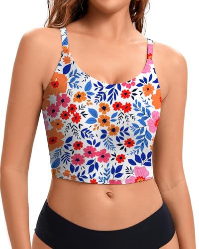 SERSARY Bikini Oberteil Damen Einzeln Schnell Trocknend Padded Cropped Tankini Oberteil Blumenmuster Bikinioberteile Bustier Push up Top Swim Badeoberteil Luftige Mesh-Innen,Blaue-Rosa Blume,M von SERSARY