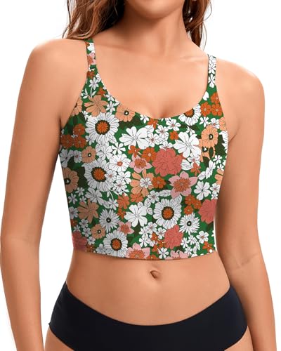 SERSARY Bikini Oberteil Damen Einzeln Schnell Trocknend Padded Cropped Tankini Oberteil Blumenmuster Bikinioberteile Bustier Push up Top Swim Badeoberteil Luftige Mesh-Innen,Grün-Orange Blume,XXL von SERSARY