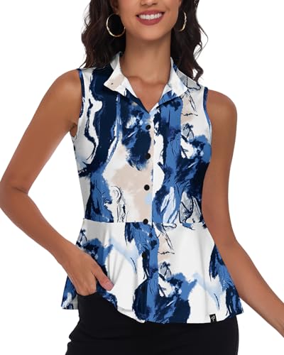 SERSARY Bluse Damen Elegant Ärmellose Poloshirt Tank Crop Top mit Stehkragen Rüschen Sport Golf Shirt Sommer Oberteil Atmungsaktiv T-Shirt Work Blouse Tunika Shirts Blouses,Blaue-Weiße Risse,L von SERSARY