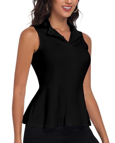 SERSARY Bluse Damen Elegant Ärmellose Poloshirt Tank Crop Top mit Stehkragen Rüschen Sport Golf Shirt Sommer Oberteil Atmungsaktiv T-Shirt Work Blouse Tunika Shirts Blouses,Schwarz,S von SERSARY