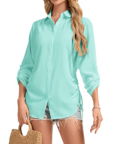 SERSARY Bluse Damen Longbluse V-Ausschnitt Hemdbluse Langarm Oversized Tunika mit Kordelzug Lässiges Langarmshirt Blusen zum Knöpfen Casual Aufrollen Tops Sommer Longshirt Leicht Hemd,Grün,2XL von SERSARY