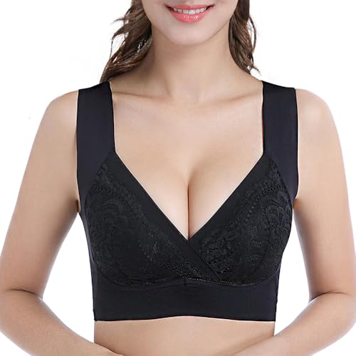 SERSARY Leicht BH Ohne Bügel Bustier Damen Top Spitze Comfit BHS Original Entlastungs Minimizer Bequemer Pull On Bra Breiten Trägern Nahtloser Lace Tshirt Bralette Cup A-C,Schwarz,L von SERSARY