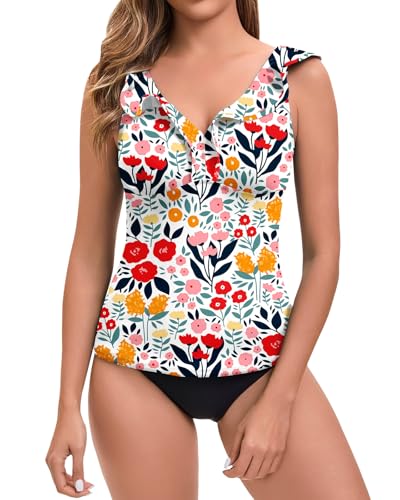 SERSARY Damen Tankini Oberteil Einzeln Bikini Swim Tank Top Lang Bademode Schnell Trocknend Sommer Padded Beachwear V-Ausschnitt Rüschen Verstellbaren Trägern(Nur Tankini Oberteil,Mehrfarbige Drucke, von SERSARY