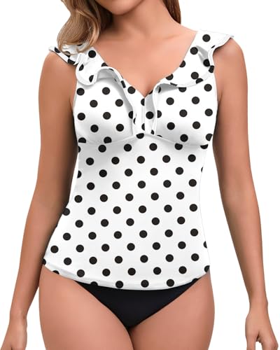 SERSARY Damen Tankini Oberteil Einzeln Bikini Swim Tank Top Lang Bademode Schnell Trocknend Sommer Padded Beachwear V-Ausschnitt Rüschen Verstellbaren Trägern(Nur Tankini Oberteil,Tupfen, von SERSARY