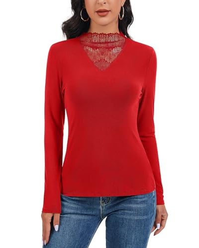 SERSARY Langarmshirt Damen Langarm Tops Spitze Basic T Shirts High Neck Lace Top Elegant Pullover Tshirt Stretch Oberteile Longsleeve Unterziehshirt Slim Fit Strickoberteile Strickshirt,Rot,S von SERSARY