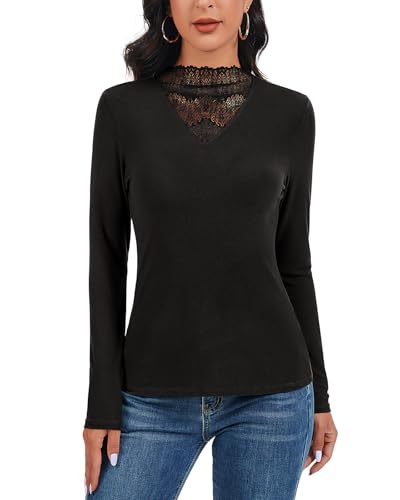 SERSARY Langarmshirt Damen Langarm Tops Spitze Basic T Shirts High Neck Lace Top Elegant Pullover Tshirt Stretch Oberteile Longsleeve Unterziehshirt Slim Fit Strickoberteile Strickshirt,Schwarz,XL von SERSARY