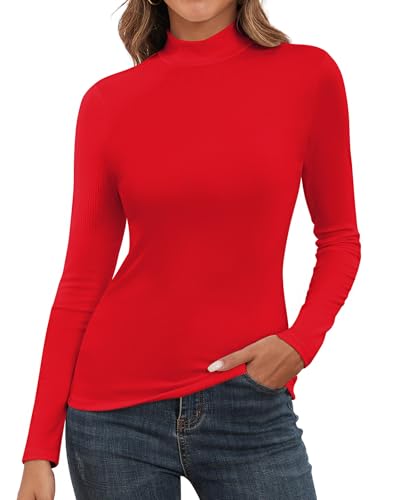 SERSARY Rollkragenpullover Damen Langarm Rolli Gerippt Slim Fit Basic Tops Strickpullover mit Stehkragen DüNn Rollkragenshirt T-Shirt Stretch Eng Rollkragen Long Sleeve Shirt Herbst Winter,Rot,XL von SERSARY