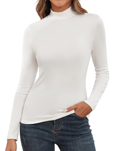 SERSARY Rollkragenshirt Damen Langarm Rollkragen Enge Longsleeve Dünner Gerippter Stehkragen Shirt Rolli Unterziehpullover Turtleneck Pullover Damen Langarmshirt Damenpullover,Weiß,S von SERSARY