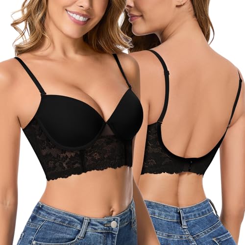 SERSARY Rückenfreier BH Rückenfrei mit Bügel Soft Spitze Backless Bra Low Back Multiway BHS Ungepolstert Tiefer Rückenausschnitt Rücken Push Up Abnehmbare Träger Neckholder(Cup A-C),Schwarz,L von SERSARY