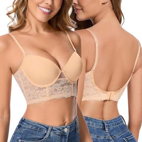 SERSARY Rückenfreier BH Rückenfrei mit Bügel Soft Spitze Backless Bra Low Back Multiway BHS Ungepolstert Tiefer Rückenausschnitt Rücken Push Up Abnehmbare Träger Neckholder(Cup A-C),Beige,L von SERSARY