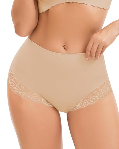 SERSARY Shapewear Damen Miederhose Bauchweg Unterhose Leicht Figurformender Tanga Shaper Untere Bauchkontrolle Shaping Miederslip mit Spitze Unterwäsche für Damen,Beige,L von SERSARY