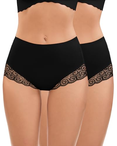 SERSARY Shapewear Damen Miederhose Bauchweg Unterhose Leicht Figurformender Tanga Shaper Untere Bauchkontrolle Shaping Miederslip mit Spitze Unterwäsche für Damen,Schwarz*2,S von SERSARY