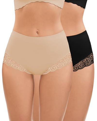 SERSARY Shapewear Damen Miederhose Bauchweg Unterhose Leicht Figurformender Tanga Shaper Untere Bauchkontrolle Shaping Miederslip mit Spitze Unterwäsche für Damen,Schwarz+Beige,L von SERSARY