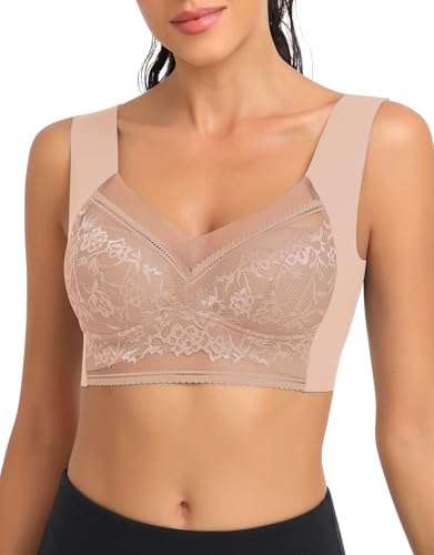 SERSARY Soft BH Spitze Damen Ohne Bügel Bustier Gepolstert Bralette Minimizer Tshirt Comfit BHS Pull On Bra Atmungsaktiver Breiten Trägern,Beige,L von SERSARY