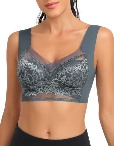 SERSARY Soft BH Spitze Damen Ohne Bügel Bustier Gepolstert Bralette Minimizer Tshirt Comfit BHS Pull On Bra Atmungsaktiver Breiten Trägern,Blau,L von SERSARY