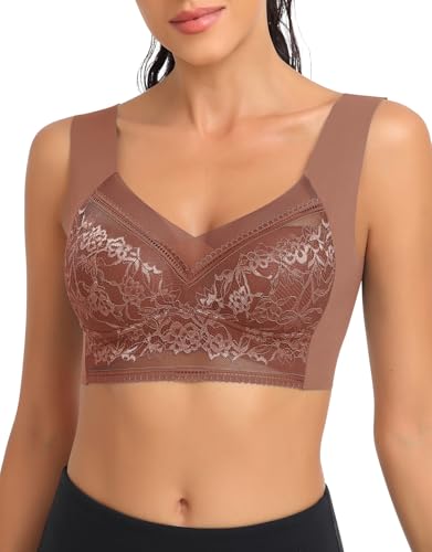 SERSARY Soft BH Spitze Damen Ohne Bügel Bustier Gepolstert Bralette Minimizer Tshirt Comfit BHS Pull On Bra Atmungsaktiver Breiten Trägern,Braun,M von SERSARY