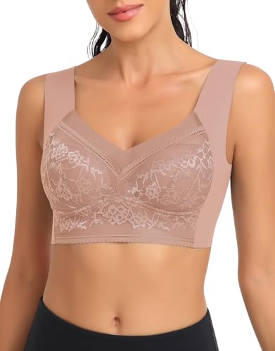 SERSARY Soft BH Spitze Damen Ohne Bügel Bustier Gepolstert Bralette Minimizer Tshirt Comfit BHS Pull On Bra Atmungsaktiver Breiten Trägern,Gräuliches Rosa,S von SERSARY
