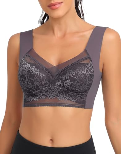 SERSARY Soft BH Spitze Damen Ohne Bügel Bustier Gepolstert Bralette Minimizer Tshirt Comfit BHS Pull On Bra Atmungsaktiver Breiten Trägern,Violett Grau,2XL von SERSARY