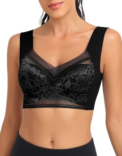 SERSARY Soft BH Spitze Damen Ohne Bügel Bustier Gepolstert Bralette Minimizer Tshirt Comfit BHS Pull On Bra Atmungsaktiver Breiten Trägern,Schwarz,2XL von SERSARY