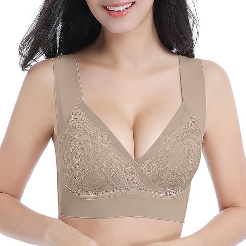 SERSARY Leicht BH Ohne Bügel Bustier Damen Top Spitze Comfit BHS Original Entlastungs Minimizer Bequemer Pull On Bra Breiten Trägern Nahtloser Lace Tshirt Bralette Cup A-C,Dunkelbeige,XXL von SERSARY