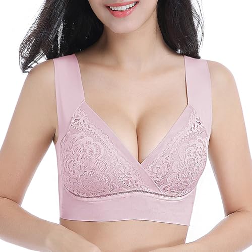 SERSARY Leicht BH Ohne Bügel Bustier Damen Top Spitze Comfit BHS Original Entlastungs Minimizer Bequemer Pull On Bra Breiten Trägern Nahtloser Lace Tshirt Bralette Cup A-C,Rosa,S von SERSARY