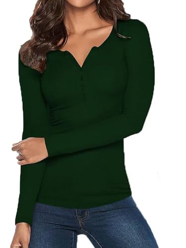 SERSARY Thermo Shirt Damen Langarm Thermoshirt Basic Langarmshirt Eng V-Ausschnitt mit Knopfleiste Henley Shirt Dünn Unterhemd Top Pullover Damen Herbst Thermo Oberteil Unterziehshirt,Dunkelgrün,S von SERSARY