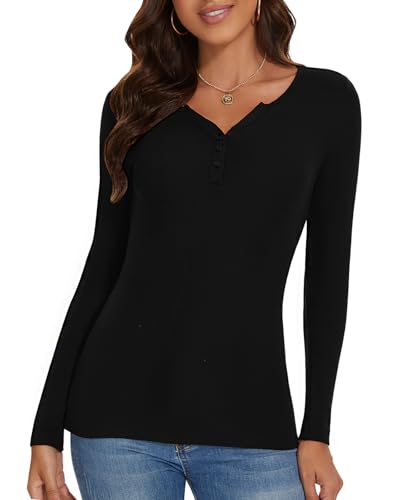 SERSARY Thermo Oberteil Damen Thermoshirt Langarm Longsleeve Basic Langarmshirt Unterziehshirt V-Ausschnitt Knopfleiste mit LangäRmeliges T-Shirt Dünner Pullover Winter Warmes Unterhemd,Schwarz,L von SERSARY