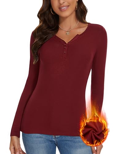 SERSARY Thermo Oberteil Damen Thermoshirt Langarm Longsleeve Basic Langarmshirt Unterziehshirt V-Ausschnitt Knopfleiste mit LangäRmeliges T-Shirt Dünner Pullover Winter Warmes Unterhemd,Weinrot,M von SERSARY