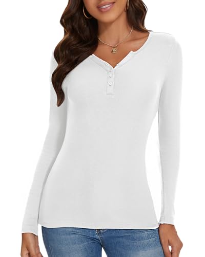 SERSARY Thermo Shirt Damen Langarm Thermoshirt Basic Langarmshirt Eng V-Ausschnitt mit Knopfleiste Henley Shirt Dünn Unterhemd Top Pullover Damen Herbst Thermo Oberteil Unterziehshirt,Weiß,S von SERSARY