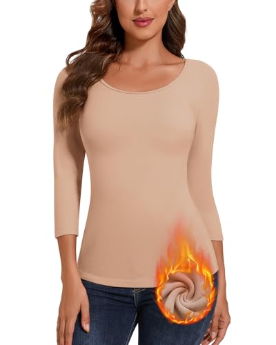 SERSARY Thermo Unterhemd Damen Shirt 3/4 Arm Thermoshirt Thermo Oberteil Women's T-Shirts Dünne Pullover Dreiviertelarm Winter Gefüttertes Bluse Damenpullover Langarmshirt,Beige,M von SERSARY