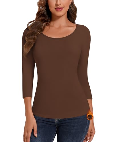 SERSARY Thermo Unterhemd Damen Shirt 3/4 Arm Thermoshirt Thermo Oberteil Women's T-Shirts Dünne Pullover Dreiviertelarm Winter Gefüttertes Bluse Damenpullover Langarmshirt,Braun,XXL von SERSARY