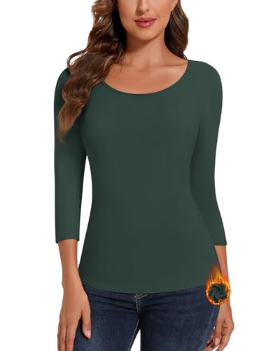 SERSARY Thermo Unterhemd Damen Shirt 3/4 Arm Thermoshirt Thermo Oberteil Women's T-Shirts Dünne Pullover Dreiviertelarm Winter Gefüttertes Bluse Damenpullover Langarmshirt,Dunkelgrün,S von SERSARY