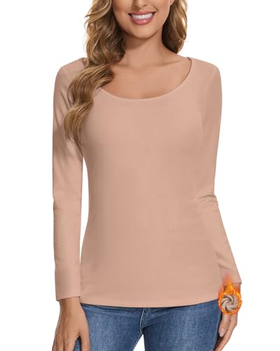 SERSARY Thermoshirt Shirt 3/4 Arm Damen Thermo Unterhemd Oberteil Women's T-Shirts Dünne Pullover Dreiviertelarm Winter Unterziehshirt Basic Bluse Thermounterhemd mit Rundhals Langarm,Beige,S von SERSARY