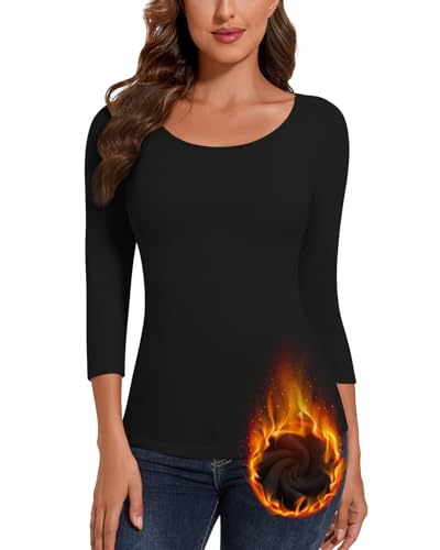 SERSARY Thermoshirt Shirt 3/4 Arm Damen Thermo Unterhemd Oberteil Women's T-Shirts Dünne Pullover Dreiviertelarm Winter Unterziehshirt Basic Bluse Thermounterhemd mit Rundhals Langarm,Schwarz,L von SERSARY