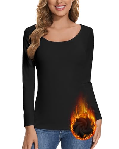 SERSARY Thermoshirt Shirt 3/4 Arm Damen Thermo Unterhemd Oberteil Women's T-Shirts Dünne Pullover Dreiviertelarm Winter Unterziehshirt Basic Bluse Thermounterhemd mit Rundhals Langarm,Schwarz,S von SERSARY