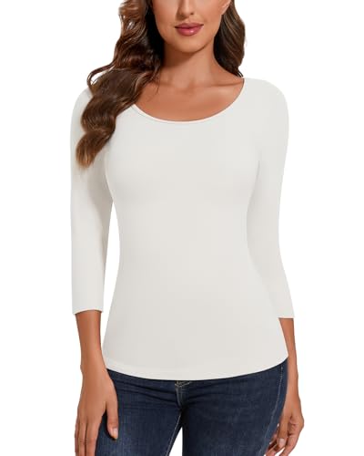 SERSARY Thermo Oberteil Damen Thermoshirt Langarm Thermo Shirt 3/4 Arm Damen Basic Langarmshirt Unterziehshirt Rundhalsausschnitt Dünner Pullover Winter Warmes Unterhemd Thermounterhemd,Weiß,XXL von SERSARY