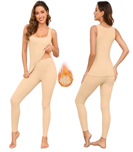 SERSARY Thermounterwäsche Damen Schlafanzug Thermowäsche Set Ärmellose Unterhemd Thermokleidung Bequeme Kleidung im Haus Lässige SkiunterwäSche Warm Unterwäsche Thermal Baselayer,Beige,S von SERSARY