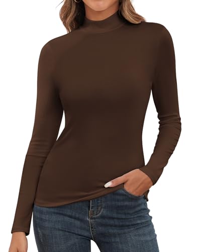 SERSARY Unterziehrolli Damen Langarm Rolli Long Sleeve Stehkragen Shirt Dünn Gerippt Basic Tops Soft Rollkragenshirt Unterzieh Rollkragenpullover Damen T-Shirt Stretch Eng Rollkragen,Braun,L von SERSARY